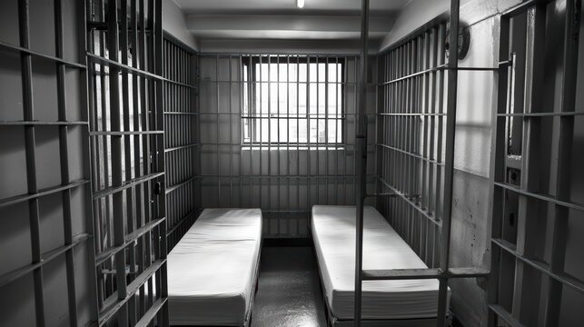 Prison interior with jail cells and a dark, oppressive background