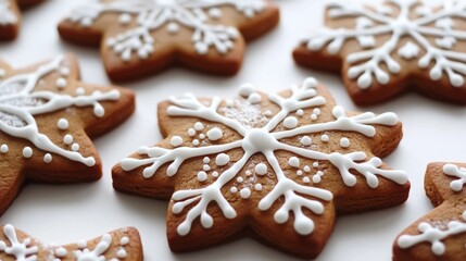 Snowflake-shaped gingerbread cookies with detailed white icing, arranged on white background, festive holiday treats