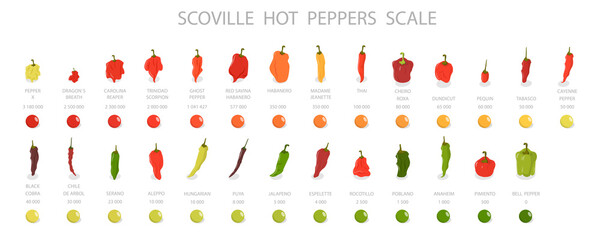 3D Isometric Flat  Illustration of Scoville Hot Peppers Scale, From Sweetest to Very Hot