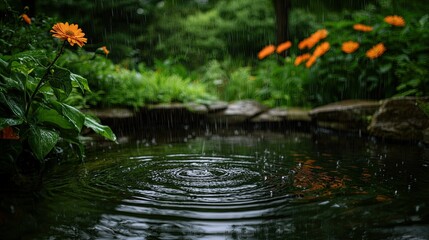 Naklejka premium A raindrop falls into a still pond, creating ripples. The pond is surrounded by lush greenery and orange flowers.
