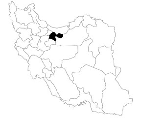 Map of Tehran province in Iran country on white background. Single province map highlighted by black colour on Iran map. Middle East, ir
