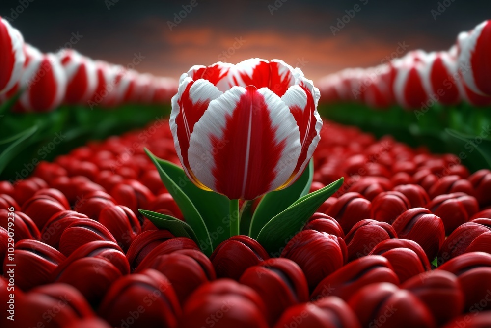 Poster close-up of a tulip field at dawn, with each flower and leaf rendered in lifelike detail, showing th