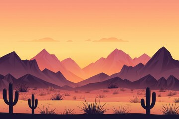 Fototapeta premium A vibrant desert landscape at sunset, featuring mountains, cacti, and a colorful sky. Ideal for backgrounds or nature-themed designs.