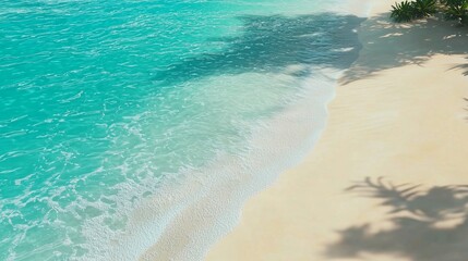 Fototapeta premium Tranquil turquoise waves gently lap at the sandy shore under a clear sky in a tropical paradise setting during daytime