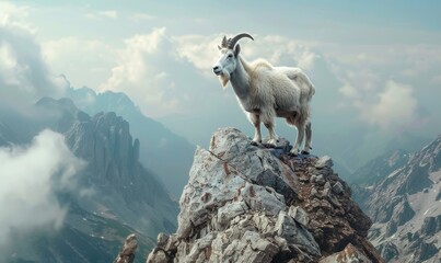 Mountain goat perched on a steep rocky slope, wildlife encounter 4K hyperrealistic photo.