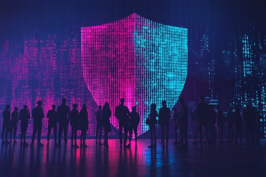 Silhouetted figures in front of a vibrant digital shield display during a cybersecurity event at a technology conference