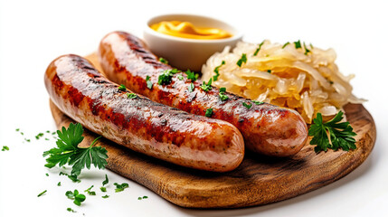 Delicious bratwurst sausages served on wooden platter with sauerkraut and mustard, showcasing mouthwatering meal perfect for any occasion