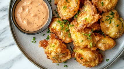 Top-down view of a plate with crispy fried zucchini flowers in a light batter, served with a side of dipping sauce