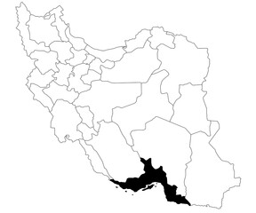 Map of hormozgan province in Iran country on white background. Single province map highlighted by black colour on Iran map. Middle East, ir