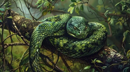 Obraz premium A Green Snake Camouflaged in Lush Foliage