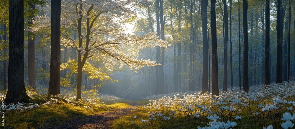 Poster sun rays shining through a misty forest with a path leading through a field of white wildflowers.