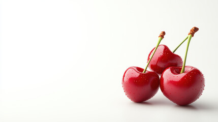 Fresh cherries with droplets of water glistening on their surface create vibrant and appealing image. rich red color and smooth texture evoke sense of freshness and sweetness