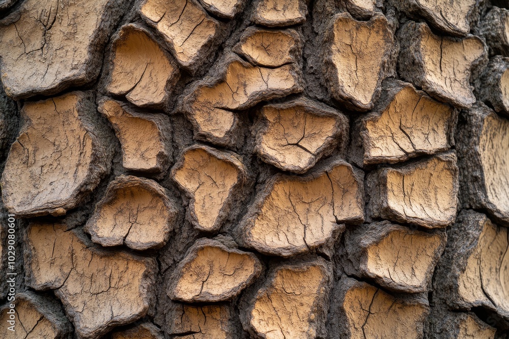 Poster close-up of the bark of an ancient tree, with gnarled, twisted patterns in the bark, showing the int