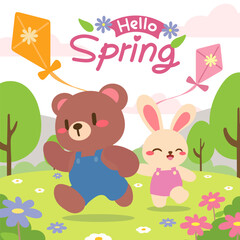Springtime Fun with Cute Bear and Bunny Flying Kites. Happy Spring Scene with Bear and Bunny Enjoying Nature.