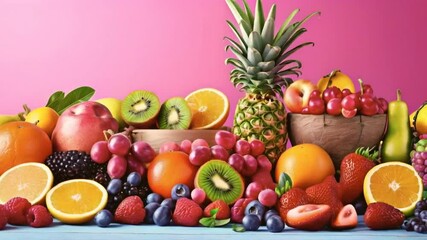 A vibrant arrangement of assorted fruits on a colorful background, showcasing freshness. - Powered by Adobe