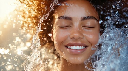 Obraz premium Vibrant image of a model splashing water, showcasing the cleanser cooling and rejuvenating properties
