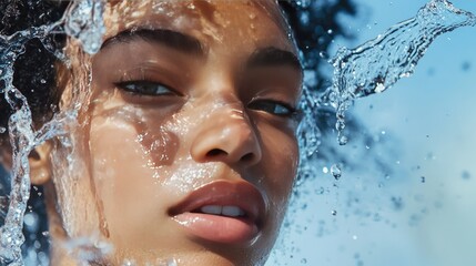 Vibrant image of a model splashing water, showcasing the cleanser cooling and rejuvenating properties