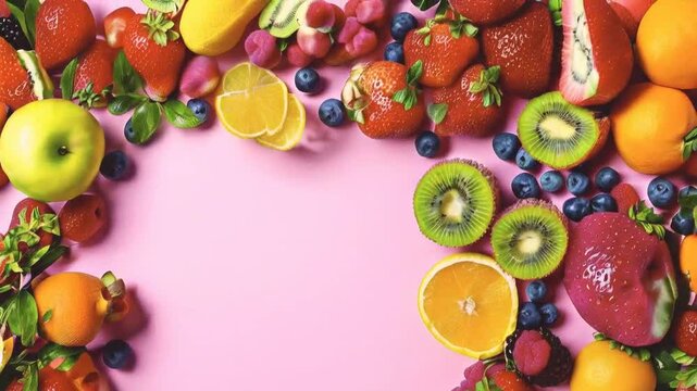 A colorful arrangement of various fruits on a pink background, creating a vibrant border.