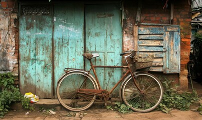 Obraz premium Rusty bicycle leans against weathered wooden door.