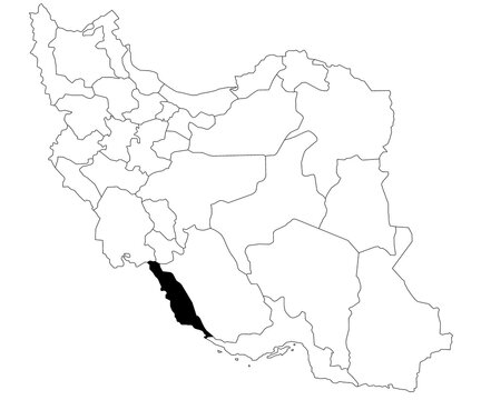 Map of bushehr province in Iran country on white background. Single province map highlighted by black colour on Iran map. Middle East, ir