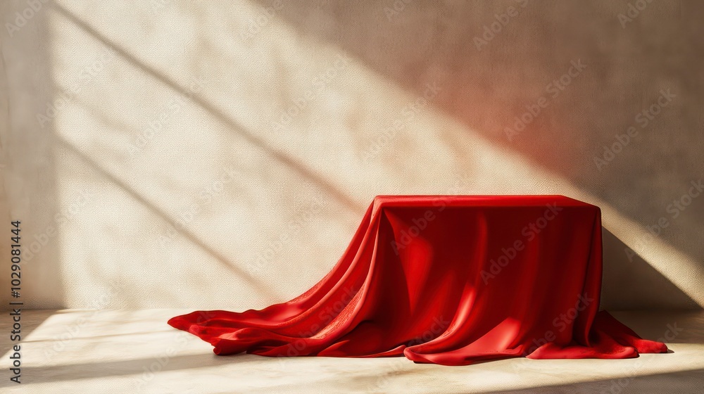 Poster a red cloth draped over a square table with sunlight streaming through the window.