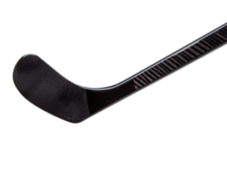 Close-up of a sleek black hockey stick blade, showcasing its curved design and textured surface, ideal for sports enthusiasts.