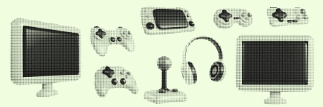 Set video game devices in modern stylised halftone style. Fashion pop art design elements. Collection retro vector illustration.
