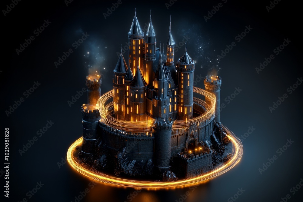 Poster fantasy castle with glowing fiber optic threads running through its walls, enabling magical media st