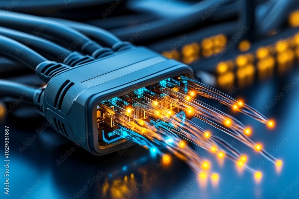 Poster fiber optic cables running under a city, with glowing strands of light symbolizing the flow of data 