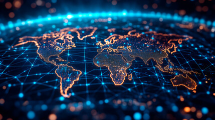 Global digital network map with futuristic connections and glowing continents. 