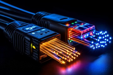 Fiber optic cables glowing in the dark, with vibrant colors representing the rapid flow of data, streaming content, and high-speed internet through the cable lines