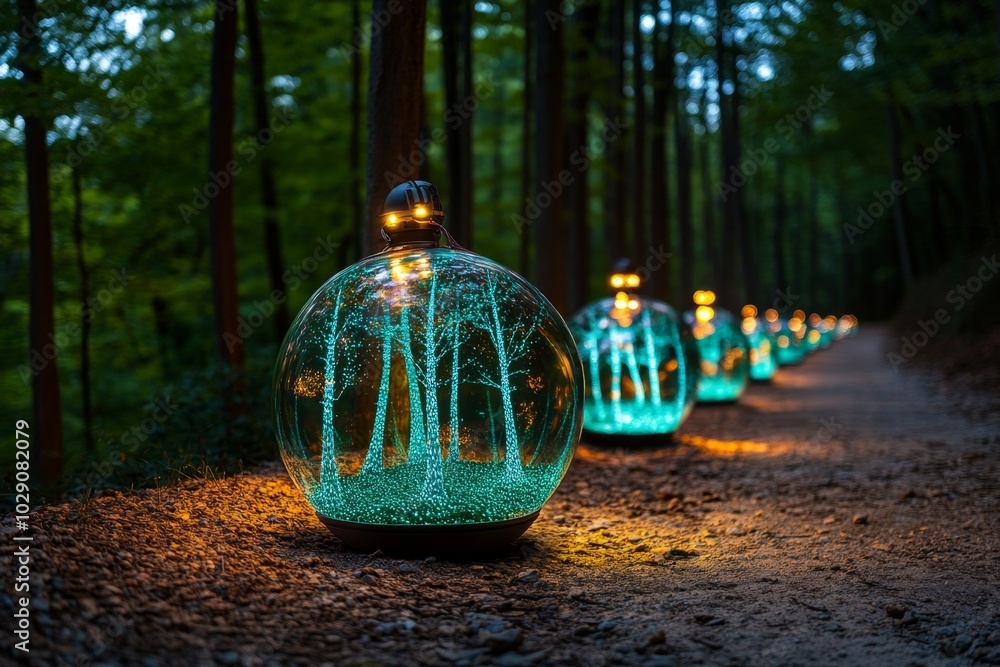 Fototapete futuristic forest where trees are bioluminescent, glowing with soft blue and green light, and techno
