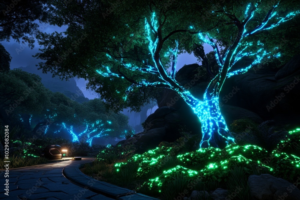 Fototapete futuristic forest where trees are bioluminescent, glowing with soft blue and green light, and techno