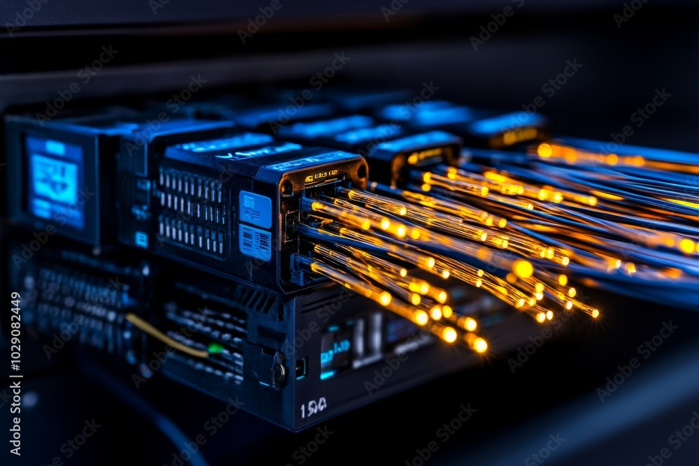 Poster hyper-realistic close-up of fiber optic cables, with the glowing light strands in vivid detail, show