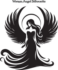 A woman angel silhouette stands gracefully, her flowing wings arched high, exuding serenity and strength. Her poised figure and gentle posture evoke a sense of divine beauty, peace, and ethereal grace © Arnab