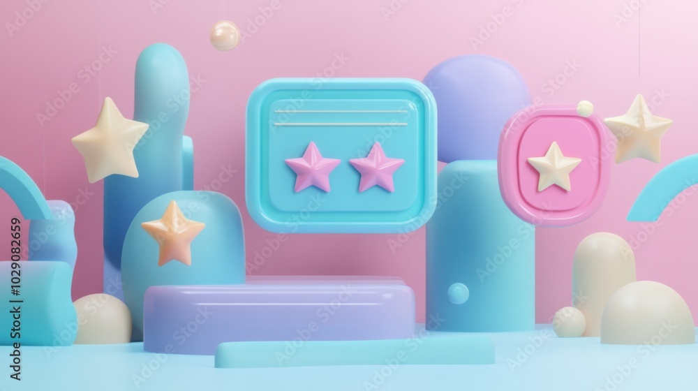 Poster 3d illustration of a digital interface where users rate a new product, focusing on feedback stars an
