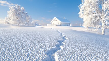 Obraz premium Winter Wonderland - Cozy Cabin in Snowy Landscape with Wildlife Tracks, Cinematic Light