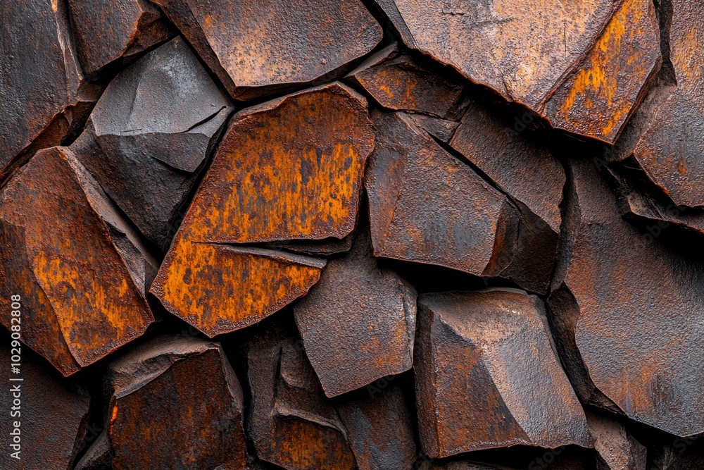 Poster hyper-realistic close-up of rust on an old metal surface, with intricate details of the corroded tex