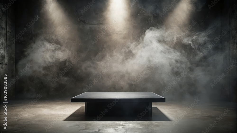 Aufkleber studio setting with a display table surrounded by smoky dust and dim lighting.