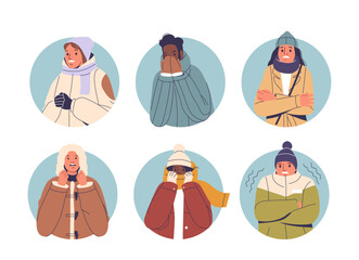 People In Winter Coats And Scarves Shivering And Feeling Cold. Each Person Expresses Discomfort And Tries To Stay Warm