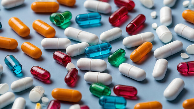Various colorful pills and capsules scattered on a blue background in an abstract arrangement.