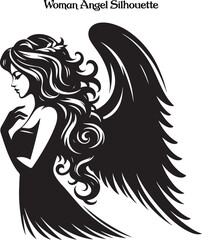 A woman angel silhouette stands gracefully, her flowing wings arched high, exuding serenity and strength. Her poised figure and gentle posture evoke a sense of divine beauty, peace, and ethereal grace