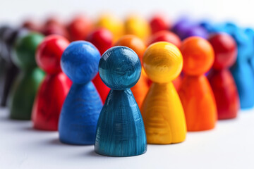 A group of colorful wooden dolls stand together, diverse but with a common goal