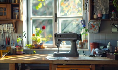 Sewing machine on the craft table, 4K hyperrealistic photo