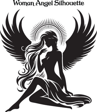 A woman angel silhouette stands gracefully, her flowing wings arched high, exuding serenity and strength. Her poised figure and gentle posture evoke a sense of divine beauty, peace, and ethereal grace