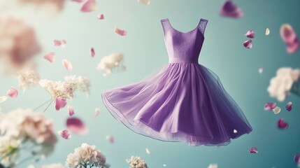 Obraz premium A purple dress floats amidst falling petals, creating a whimsical and ethereal scene.