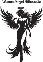 A woman angel silhouette stands gracefully, her flowing wings arched high, exuding serenity and strength. Her poised figure and gentle posture evoke a sense of divine beauty, peace, and ethereal grace