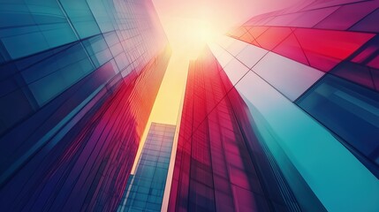 Modern high-rise glass building with a colorful gradient sky in the background, representing architectural innovation and urban development. The sleek design of the skyscraper stands tall, symbolizing