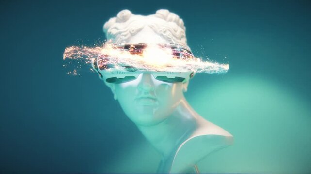 A close-up of the futuristic VR headset on a sculpture head, with holographic projections displaying data and visuals, against a green background. 