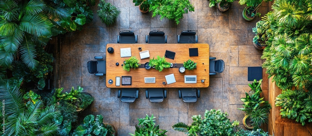 Poster an aerial view of an empty meeting table with chairs surrounded by lush greenery.